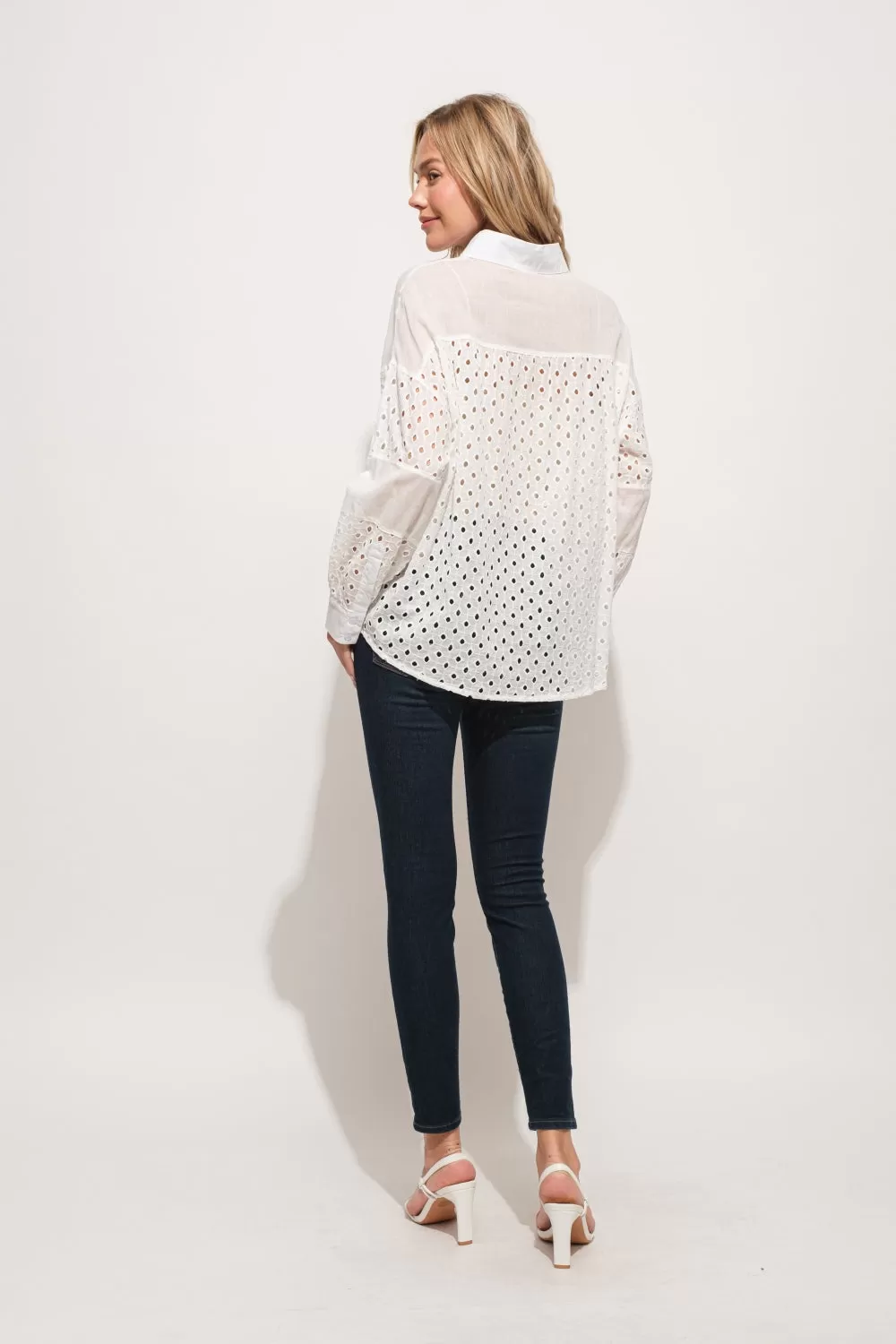 White Eyelet Long Sleeve Button Down Shirt