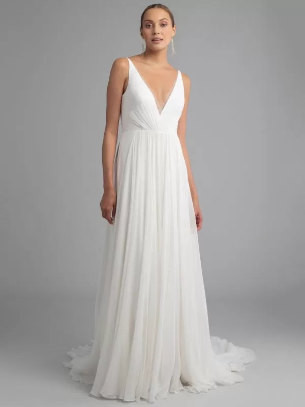 White Simple Wedding Dress Chiffon V-Neck Sleeveless A-Line Backless Natural Waist Long Bridal Dresses