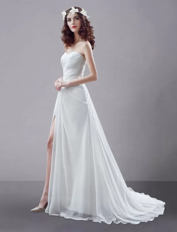 White Wedding Dress Strapless Twisted Split Rhinestone Chiffon Wedding Gown