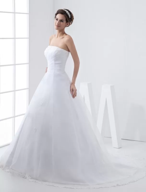 White Wedding Dresses Strapless Bridal Gown Lace Beading Side Draped Bridal Dress With Train