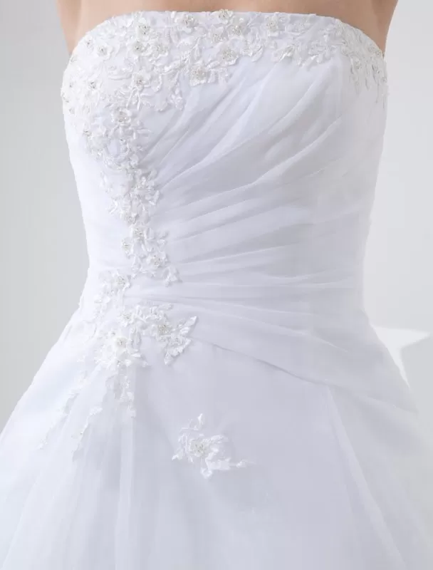 White Wedding Dresses Strapless Bridal Gown Lace Beading Side Draped Bridal Dress With Train