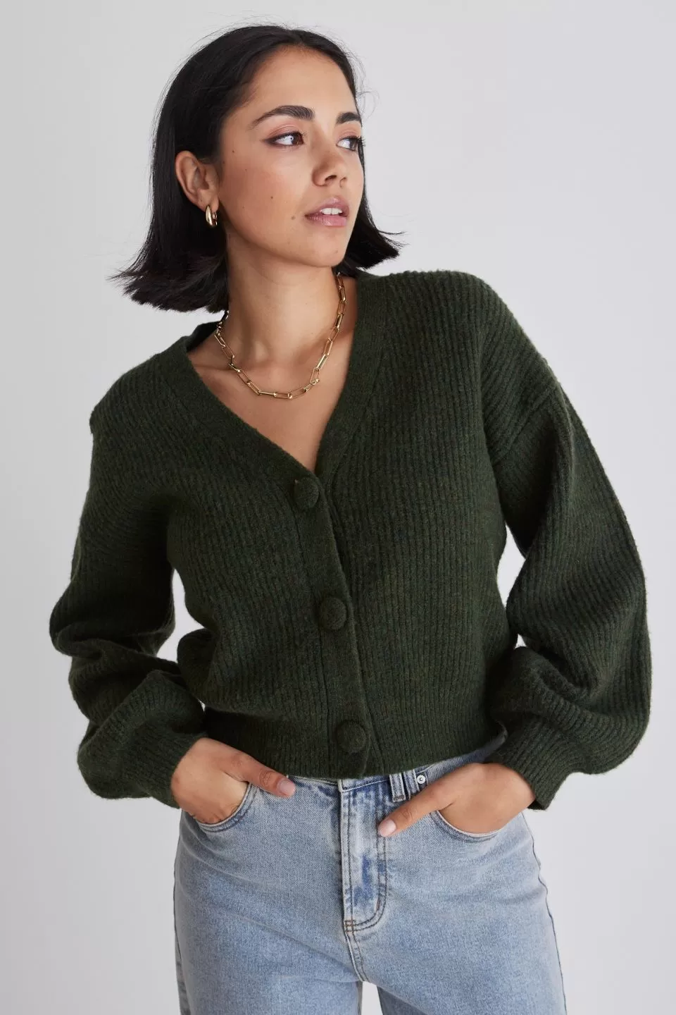 Wholesome Dark Khaki Chunky Blousen Sleeve Cropped Cardigan