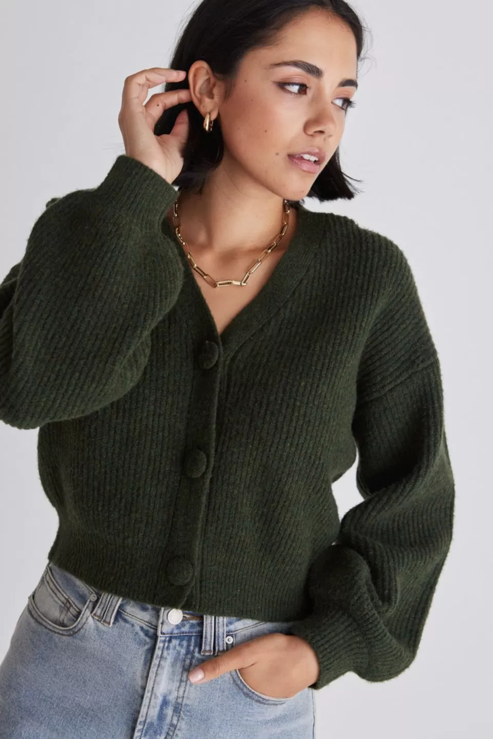 Wholesome Dark Khaki Chunky Blousen Sleeve Cropped Cardigan