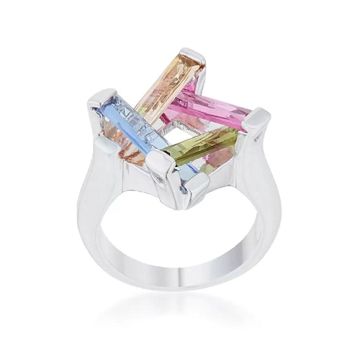 WildKlass Ring 10ct Multicolor CZ Rhodium Plated Cocktail Ring