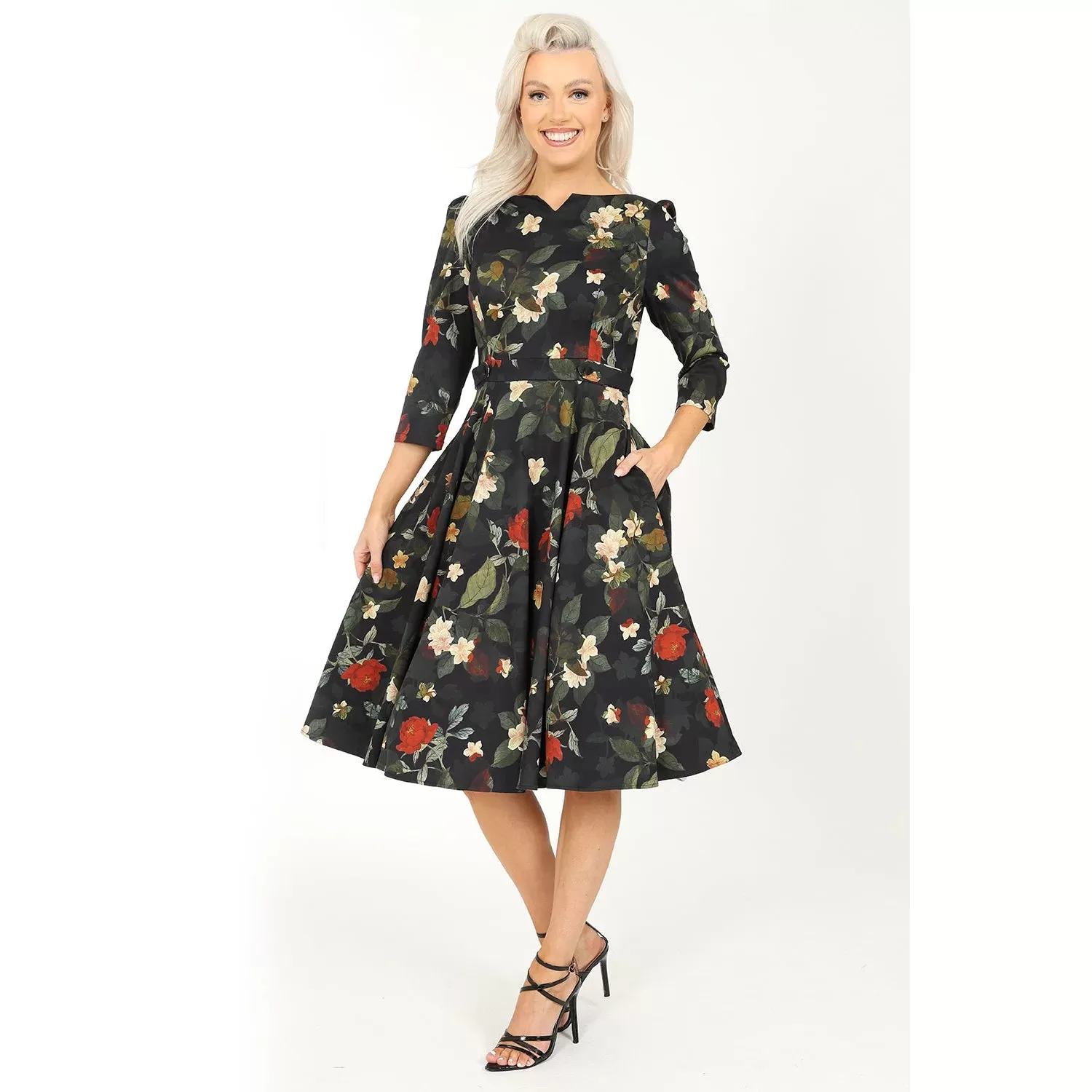 Winter Floral Print 3/4 Sleeve Belted 50s Swing Dress With Pockets