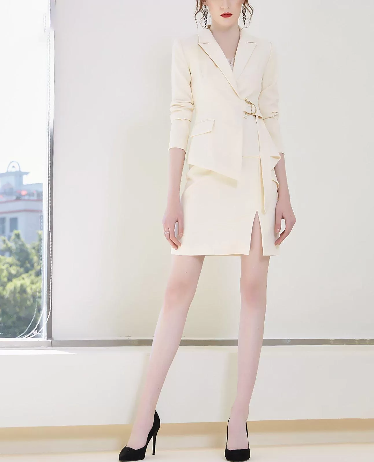 Women Beige Blazer Suit and Skirt Set