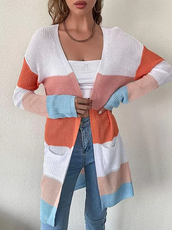 Women Casual Block Striped Cardigan Sweater