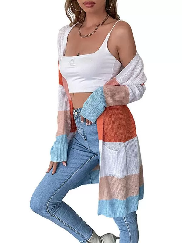 Women Casual Block Striped Cardigan Sweater