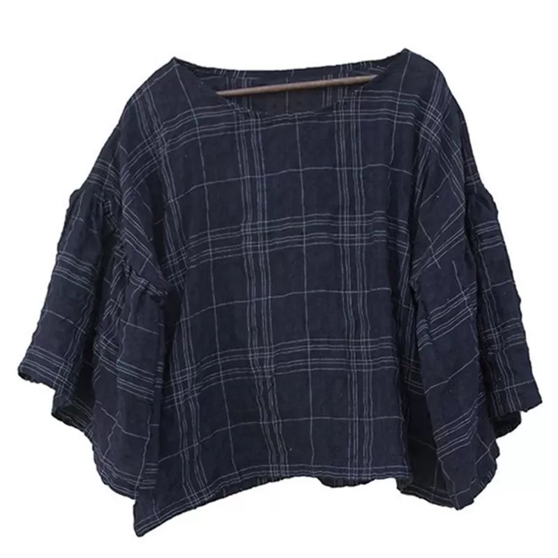 Women Casual Loose Cotton Linen Checked Blouse