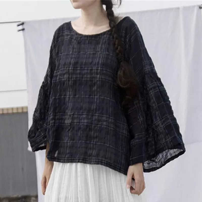 Women Casual Loose Cotton Linen Checked Blouse