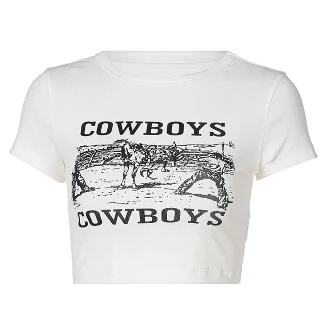 Women Crew Neck Short Sleeve Crop Tops  COWGIRL Printed Slim Short Tees Summer Casual T-Shirts  Girls Basic Streetwear