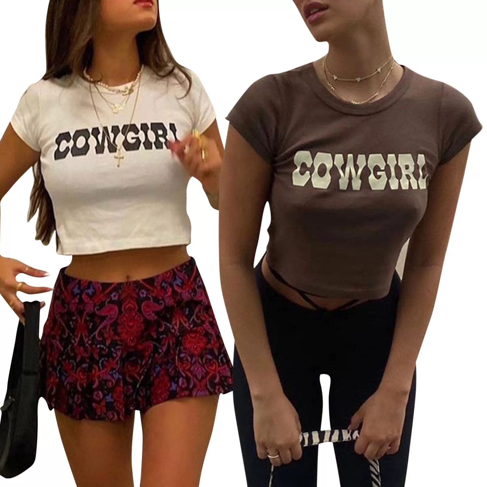 Women Crew Neck Short Sleeve Crop Tops  COWGIRL Printed Slim Short Tees Summer Casual T-Shirts  Girls Basic Streetwear