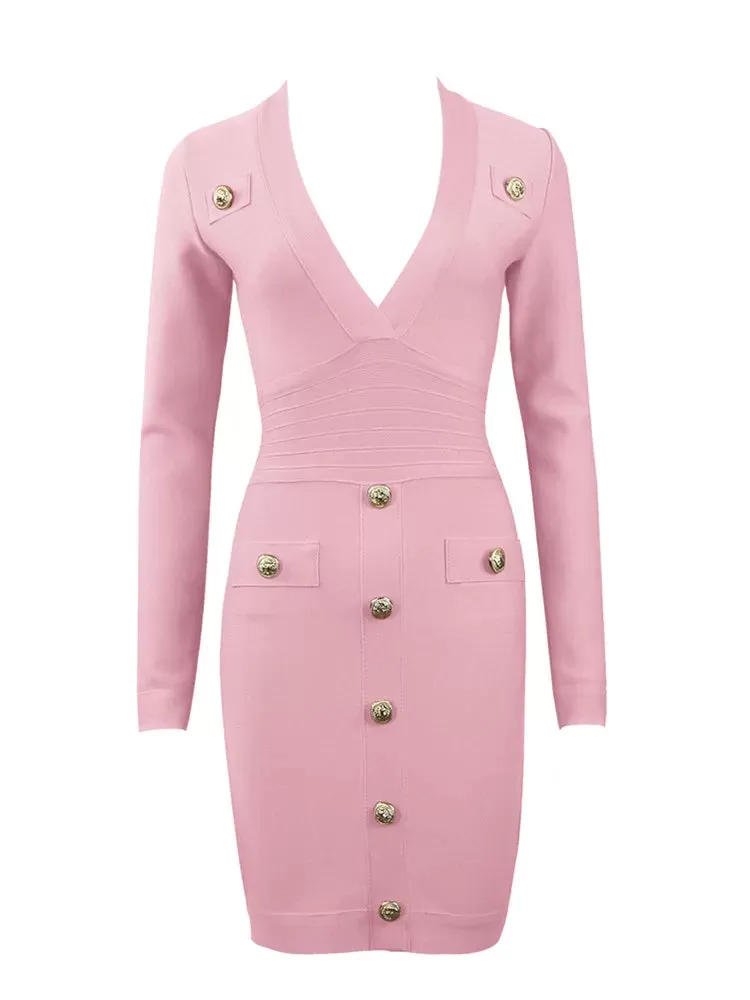 Women Sexy Long Sleeve V Neck Hot Pink Orange Button Winter Bodycon Bandage Dress Elegant Celebrity Evening  Party Dress