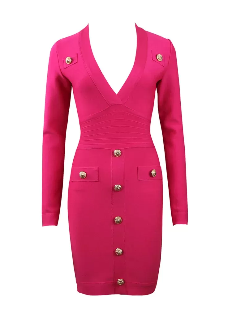 Women Sexy Long Sleeve V Neck Hot Pink Orange Button Winter Bodycon Bandage Dress Elegant Celebrity Evening  Party Dress