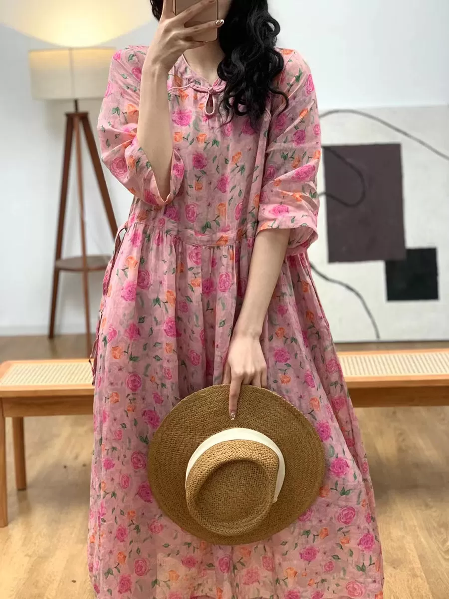 Women Summer Artsy Floral Ramie Loose Dress KL1029