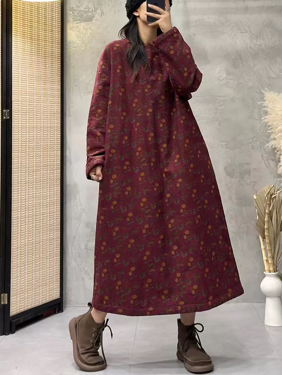 Women Vintage Flroal Long Loose Winter Padded Dress