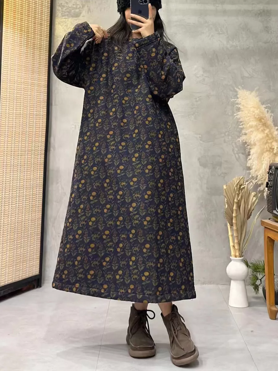 Women Vintage Flroal Long Loose Winter Padded Dress