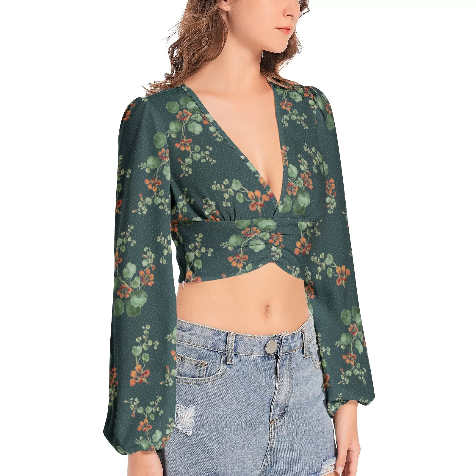 Women's Deep V-Neck Lantern Sleeve Crop Top