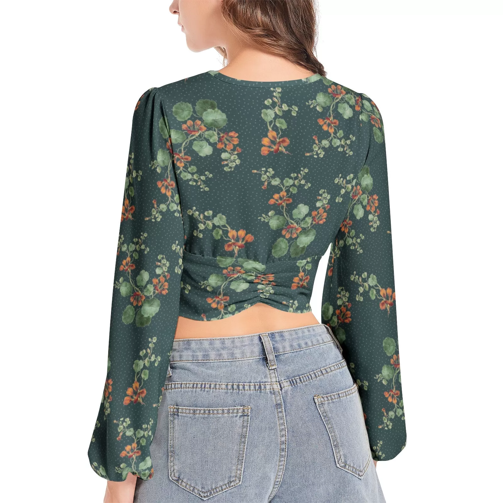 Women's Deep V-Neck Lantern Sleeve Crop Top