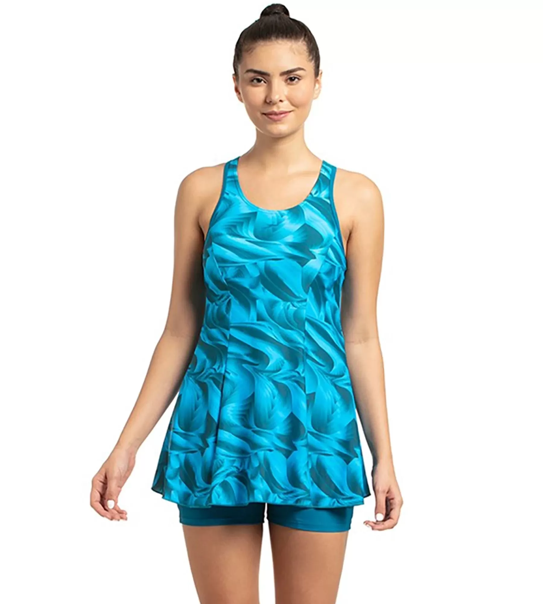 Women's Endurance10 Printed Swimdress With Boyleg - Nordic Teal & Powder Blue