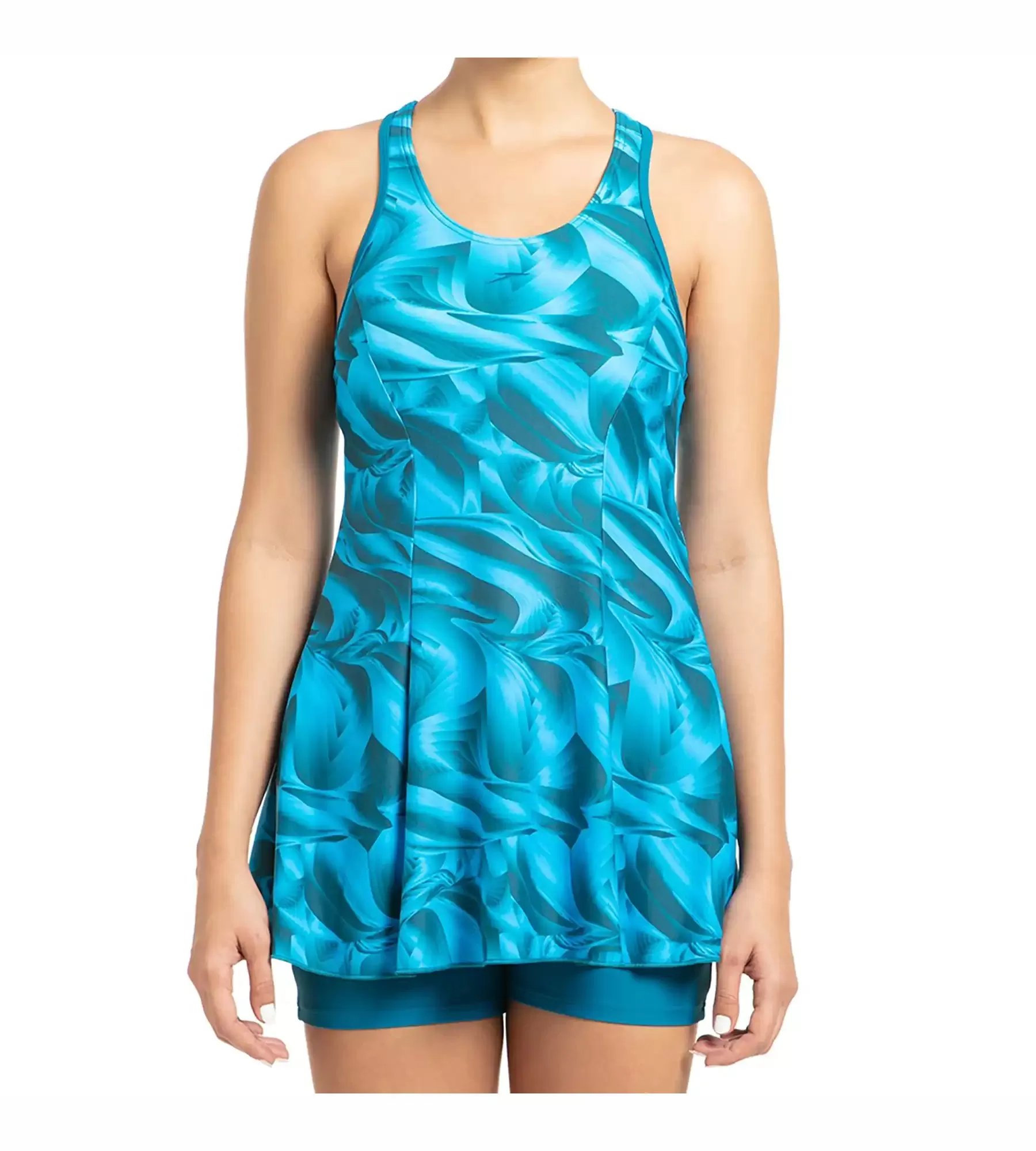 Women's Endurance10 Printed Swimdress With Boyleg - Nordic Teal & Powder Blue