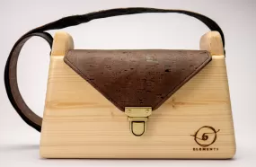 Wooden handmade shoulder bag with dark brown cork leather.