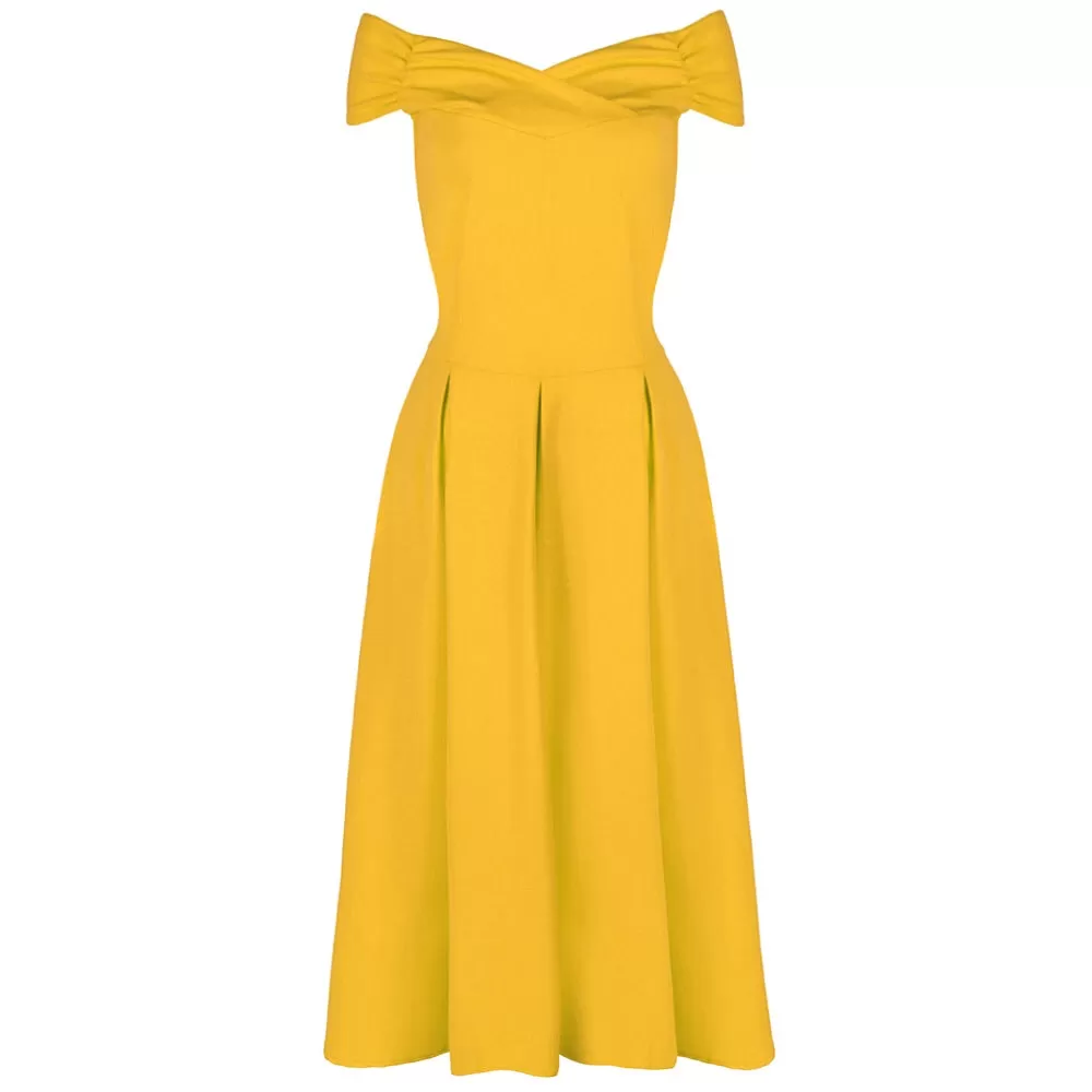 Yellow Cap Sleeve Crossover Top 50s Swing Bardot Dress