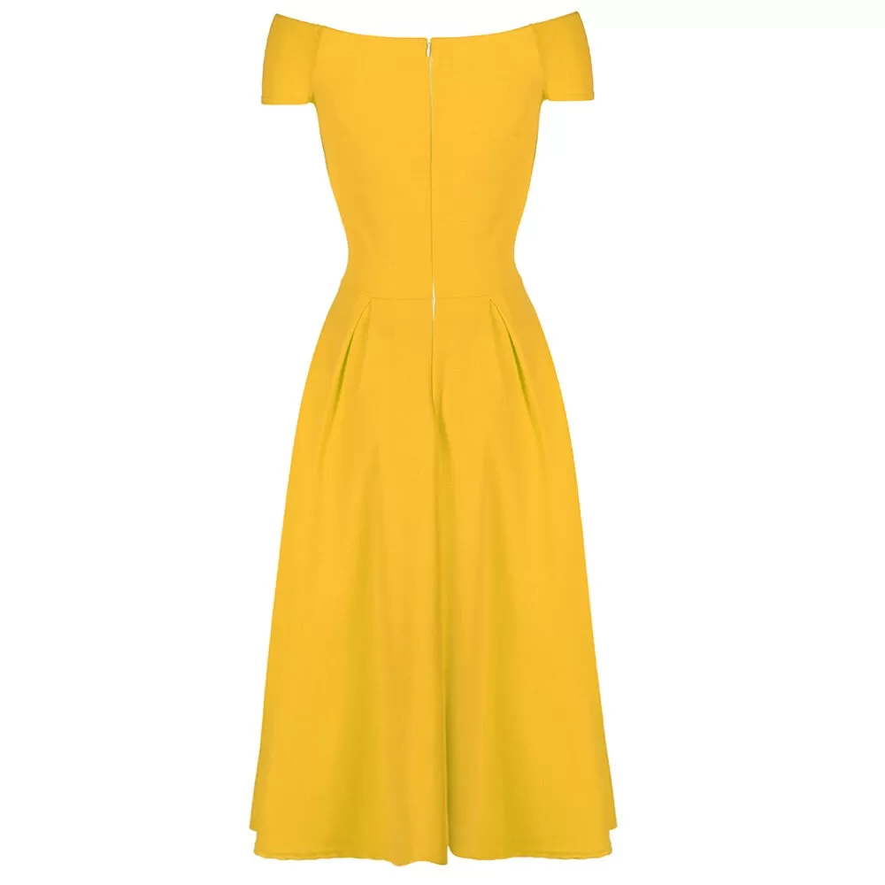 Yellow Cap Sleeve Crossover Top 50s Swing Bardot Dress