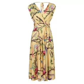 Yellow Tropical Bird Print V Neck Crossover Top Empire Waist Swing Dress