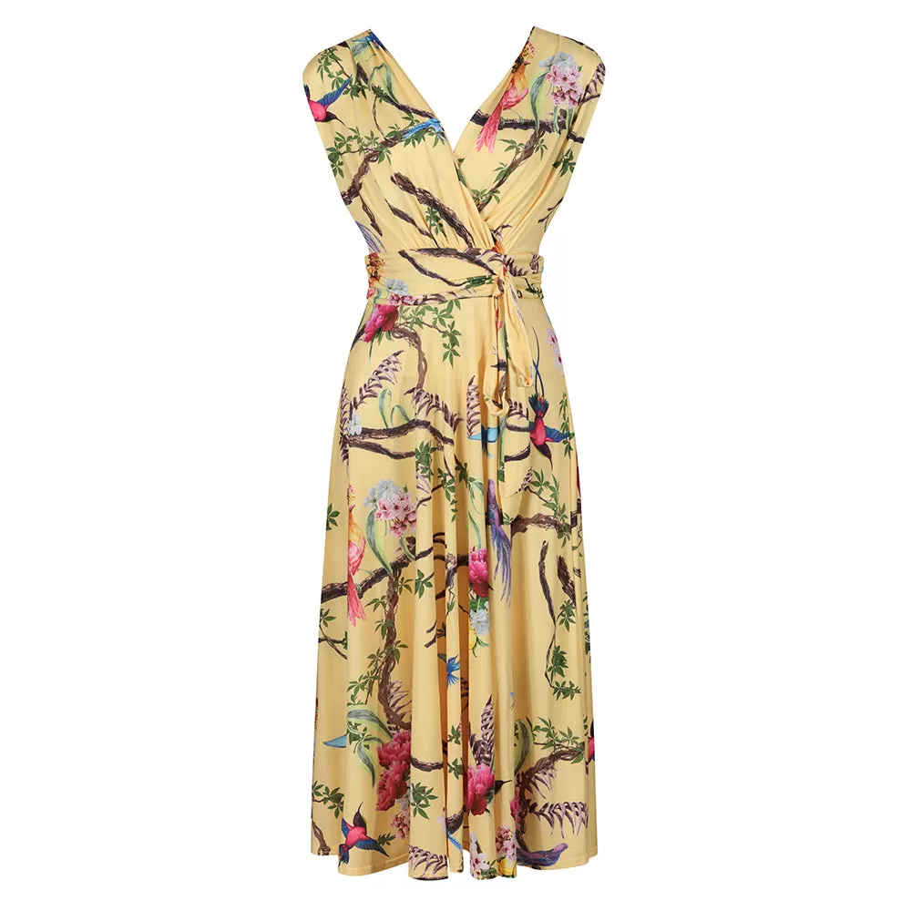 Yellow Tropical Bird Print V Neck Crossover Top Empire Waist Swing Dress