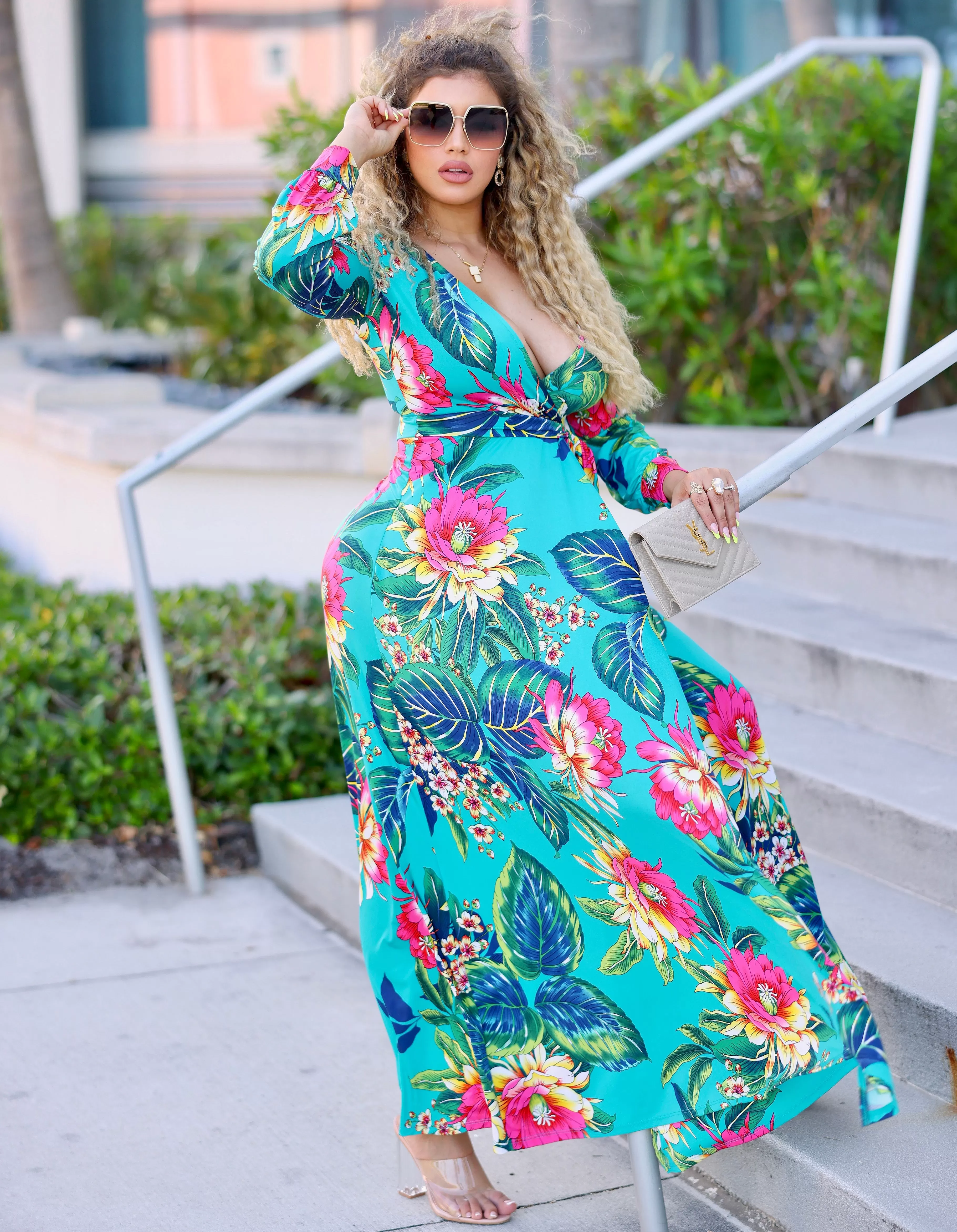 Zinnia Long sleeves Wrap Maxi Dress - Teal