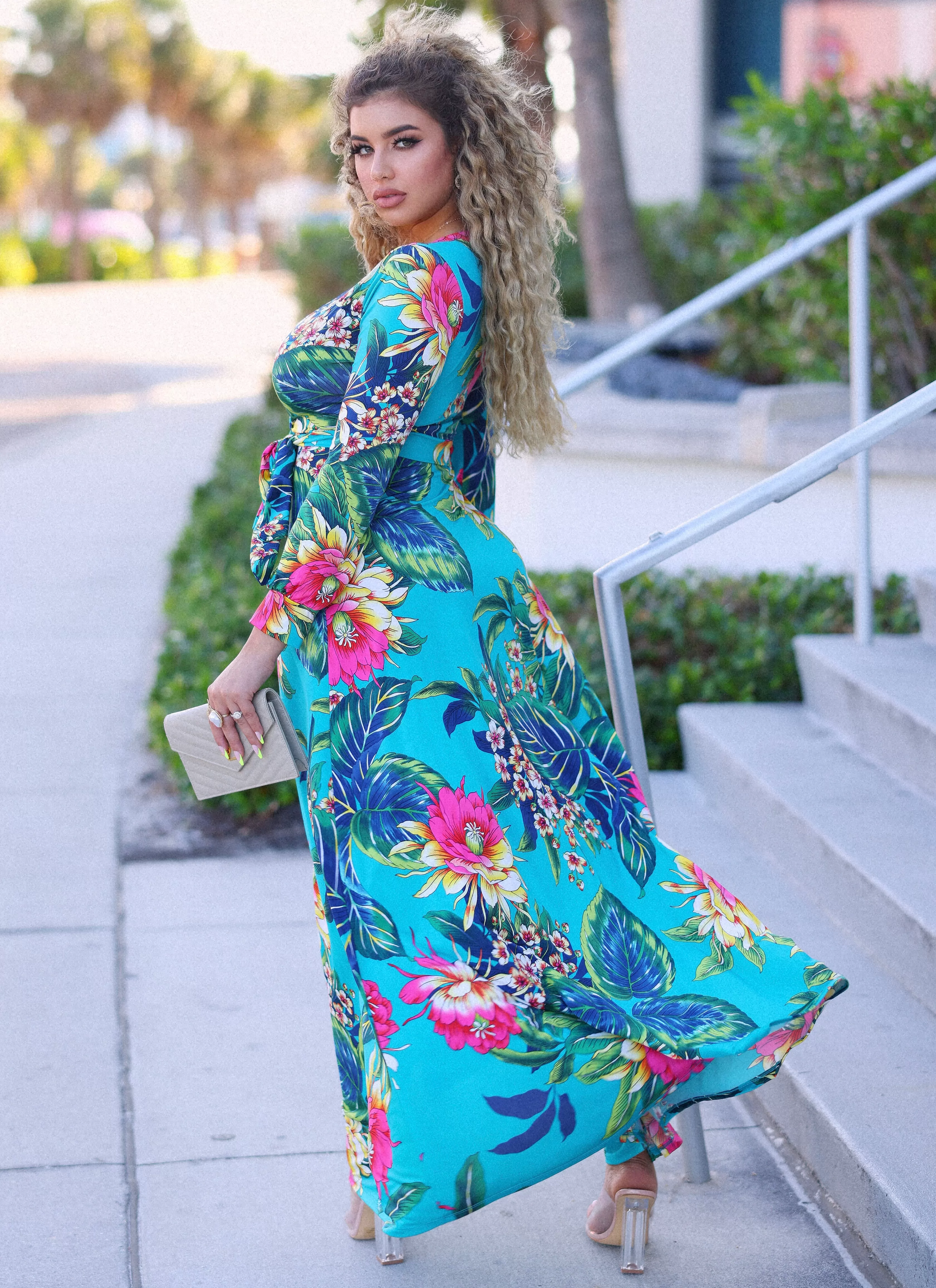 Zinnia Long sleeves Wrap Maxi Dress - Teal